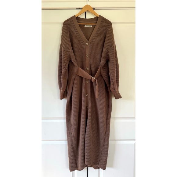 By Anthropologie Long-Sleeve Belted Cardigan Sweater Midi Dress Tan Knit XL - Picture 2 of 8